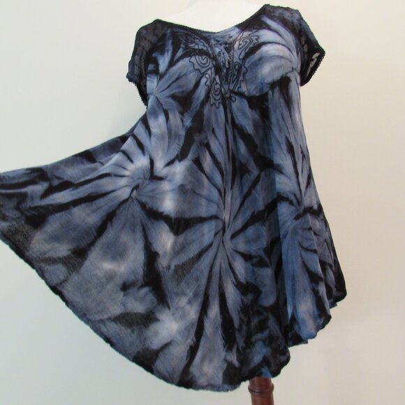 Pacific Batik Collection Tunic Top Free Size Blue Black Tie Dye Embroidered - Picture 4 of 15